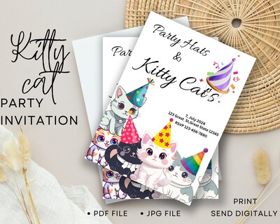 Party Hats and Kitty Cats Child Birthday Digital Printable Invitation, Personalized - image1